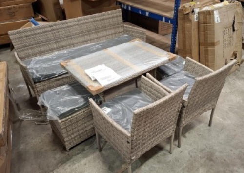 1 X STUDIO FIJI 6 PIECE DINING SET IN GREY TO INCLUDE TABLE IN SIZE W 97 X D 62 X H 62 , 3 SEAT SOFA IN SIZE W 156 X D 53 X H 81 , 2 FOOT STOOLS IN SIZE W 38 X D 38 X H 38 , 2 CHAIRS IN SIZE W 56 X D 53 X H 81CM IN TWO BOXES (NOTE CUSTOMER RETURNS )