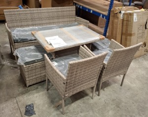 1 X STUDIO FIJI 6 PIECE DINING SET IN GREY TO INCLUDE TABLE IN SIZE W 97 X D 62 X H 62 , 3 SEAT SOFA IN SIZE W 156 X D 53 X H 81 , 2 FOOT STOOLS IN SIZE W 38 X D 38 X H 38 , 2 CHAIRS IN SIZE W 56 X D 53 X H 81CM IN TWO BOXES (NOTE CUSTOMER RETURNS )