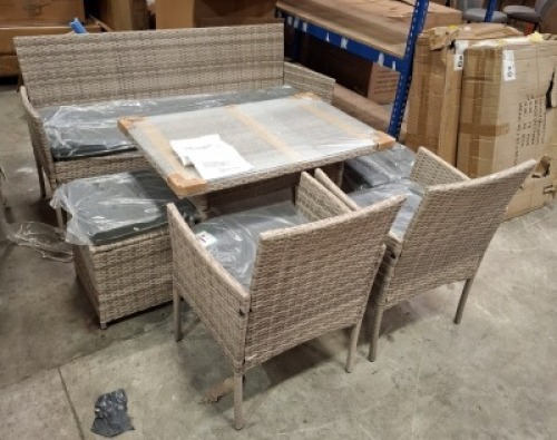 1 X STUDIO FIJI 6 PIECE DINING SET IN GREY TO INCLUDE TABLE IN SIZE W 97 X D 62 X H 62 , 3 SEAT SOFA IN SIZE W 156 X D 53 X H 81 , 2 FOOT STOOLS IN SIZE W 38 X D 38 X H 38 , 2 CHAIRS IN SIZE W 56 X D 53 X H 81CM IN TWO BOXES (NOTE CUSTOMER RETURNS )