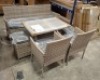 1 X STUDIO FIJI 6 PIECE DINING SET IN GREY TO INCLUDE TABLE IN SIZE W 97 X D 62 X H 62 , 3 SEAT SOFA IN SIZE W 156 X D 53 X H 81 , 2 FOOT STOOLS IN SIZE W 38 X D 38 X H 38 , 2 CHAIRS IN SIZE W 56 X D 53 X H 81CM IN TWO BOXES (NOTE CUSTOMER RETURNS )