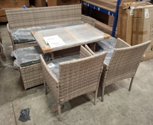 1 X STUDIO FIJI 6 PIECE DINING SET IN GREY TO INCLUDE TABLE IN SIZE W 97 X D 62 X H 62 , 3 SEAT SOFA IN SIZE W 156 X D 53 X H 81 , 2 FOOT STOOLS IN SIZE W 38 X D 38 X H 38 , 2 CHAIRS IN SIZE W 56 X D 53 X H 81CM IN TWO BOXES (NOTE CUSTOMER RETURNS )