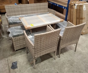 1 X BRAND NEW STUDIO FIJI 6 PIECE DINING SET IN GREY TO INCLUDE TABLE IN SIZE W 97 X D 62 X H 62 , 3 SEAT SOFA IN SIZE W 156 X D 53 X H 81 , 2 FOOT STOOLS IN SIZE W 38 X D 38 X H 38 , 2 CHAIRS IN SIZE W 56 X D 53 X H 81CM (NOTE PRE- BUILT )