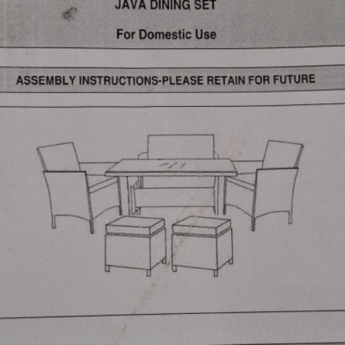 1 X STUDIO JAVA 6 PIECE DINING SET IN BLACK / GREY TO INCLUDE TABLE IN SIZE W 100 X D 60 X H 71 CM , LOVE SEAT IN SIZE W 104 X D 59 X H 81 CM , 2 FOOT STOOLS IN SIZE W 37 X D 37 H 37 , 2 CHAIRS IN SIZE E 58 X D 59 X H 81 CM IN TWO BOXES (NOTE CUSTOMER RE