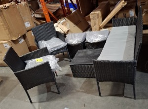 1 X STUDIO RATTAN 6 PIECE GARDEN SET TO INCLUDE 3 - SEATER SOFA , 2 ARM CHAIRS , 2 FOOT STOOLS AND ONE SMALL TABLE (NOTE EX DISPLAY SOME MARKS AND SCUFFS )