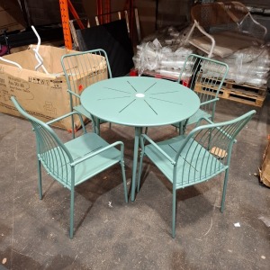 1 X STUDIO 5 PIECE VENICE METAL DINING SET IN GREEN TO INCLUDE TABLE DIAM 90 X H 73.5 AND 4 CHAIRS IN SIZE W 54 X D 60 X H 86.5 CM