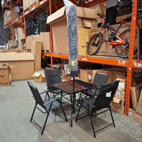 1 X STUDIO 6 PIECE GARDEN SET IN BLACK TO INCLUDE 1 TABLE , 1 PARASOL , 4 CHAIRS (NOTE CUSTOMER RETURNS 2 OF THE CHAIRS ARE MISSING CUSHIONS - PRE - BUILT )