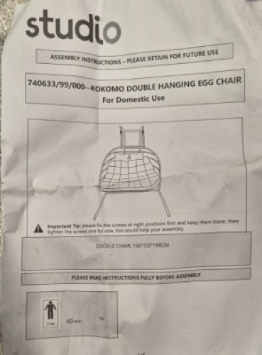 1 X STUDIO HANGING EGG CHAIR IN GREY - DOUBLE - IN ONE BOX (NOTE CUSTOMER RETURNS)
