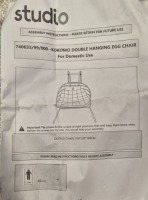 1 X STUDIO HANGING EGG CHAIR IN GREY - DOUBLE - IN ONE BOX (NOTE CUSTOMER RETURNS)