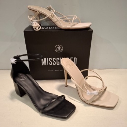 30 X BRAND NEW MIXED MISSGUIDED SHOES CONTAINING SQUARE TOE STRAPPY BLUE TIE UP MID HEELS IN WHITE , MID HEEL BLOCK BARELY THERE FAUX LEATHER IN BLACK , WF BARELY THERE SQUARE TOE HIGH HEELS IN NUDE ETC ALL IN SIZE 8