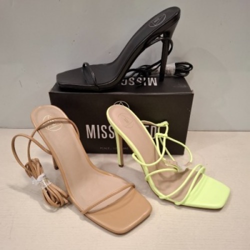 30 X BRAND NEW MIXED MISSGUIDED SHOES CONTAINING SQUARE TOE HIGH HEEL TIE UP SANDALS IN BLACK , ASSYM STRAPPY HEELED SANDAL IN LIME , SQUARE TOE HIGH HEEL TIE UP SANDALS IN SAND ETC ALL IN SIZE 8