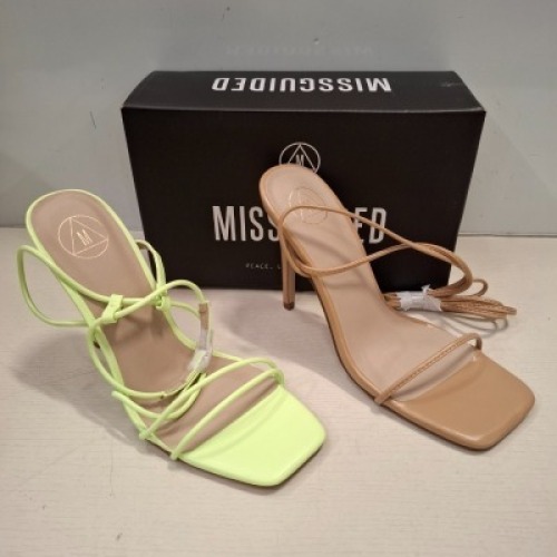 30 X BRAND NEW MIXED MISSGUIDED SHOES CONTAINING SQUARE TOE HIGH HEEL TIE UP SANDALS IN SAND , ASSYM STRAPPY HEELED SANDAL IN LIME ALL IN SIZE 7