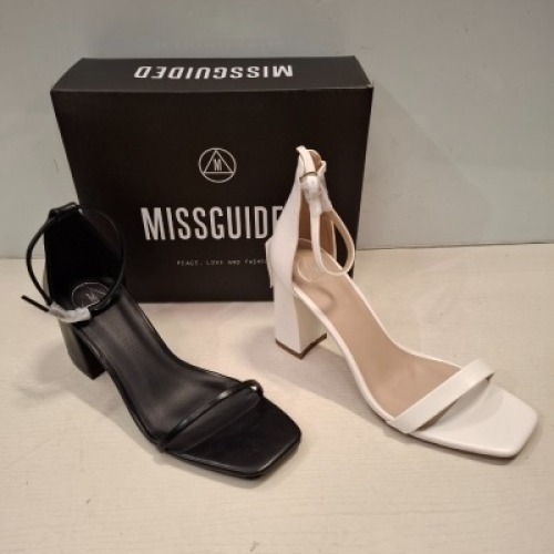 30 X BRAND NEW MIXED MISSGUIDED SHOES CONTAINING HIGH HEEL BLOCK BARELY THERE SANDALS IN WHITE , MID HEEL BLOCK BARELY THERE FAUX LEATHER IN BLACK ALL IN SIZE 7