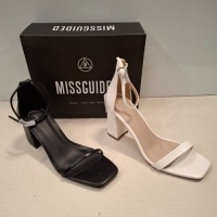 30 X BRAND NEW MIXED MISSGUIDED SHOES CONTAINING HIGH HEEL BLOCK BARELY THERE SANDALS IN WHITE , MID HEEL BLOCK BARELY THERE FAUX LEATHER IN BLACK ALL IN SIZE 7