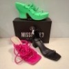 30 X BRAND NEW MIXED MISSGUIDED SHOES CONTAINING MID HEEL BLOCK BARELY THERE FAUX LEATHER IN BLACK , CROCHET TIE UP HEELED SANDAL IN HOT PINK , EXTREME PLATFORM RAFFIA HEELED SANDAL IN CREAM ETC ALL IN SIZE 7