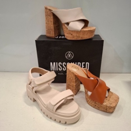 30 X BRAND NEW MIXED MISSGUIDED SHOES CONTAINING EXTREME PLATFORM CORK HEELED MULES IN TAN , VELCRO STRAP GRANDAD SANDAL IN SAND , EXTREME PLATFORM SATIN HEELED SHOE IN PINK ETC ALL IN SIZE 7
