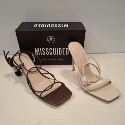 30 X BRAND NEW MIXED MISSGUIDED SHOES CONTAINING SQUARE TOE STRAPPY TIE UP MID HEELS IN CHOCOLATE , WF BARELY THERE SQUARE TOE HIGH HEELS IN NUDE , MID CLEAR HIGH BLOCK HEEL IN NUDE ETC ALL IN SIZE 7