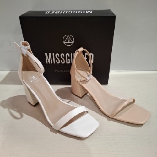 30 X BRAND NEW MIXED MISSGUIDED SHOES CONTAINING HIGH HEEL BLOCK BARELY THERE SANDALS IN WHITE , MID HEEL BLOCK BARELY THERE FAUX LEATHER IN BLACK , MID HEEL BLOCK BAFRELY THERE IN SAND ETC ALL IN SIZE 6