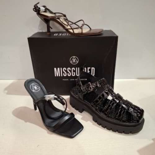 30 X BRAND NEW MIXED MISSGUIDED SHOES CONTAINING SQUARE TOE STRAPPY TIE UP MID HEELS IN CHOCOLATE , CHUNKY CROC GLADIATOR FLAT SHOE IN BLACK , ENTRY BLOCK HEELED SANDAL IN BLACK ETC ALL IN SIZE 6