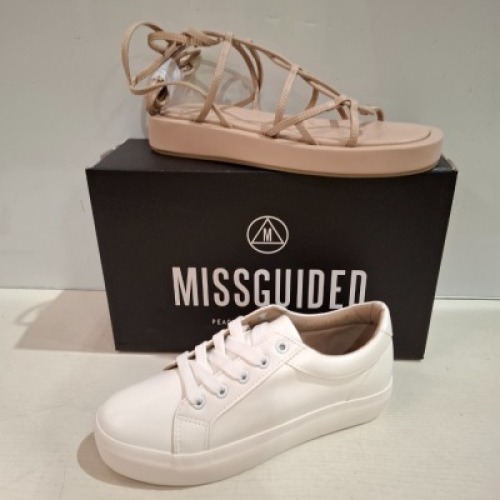 30 X BRAND NEW MIXED MISSGUIDED SHOES CONTAINING FAUX LEATHER FLATFORM TRAINER IN WHITE , CHUNKY FLATFORM GLADIATOR SANDAL IN SAND , SQUARE TOE PATENT HEELED SANDAL IN BLACK ETC ALL IN SIZE 6