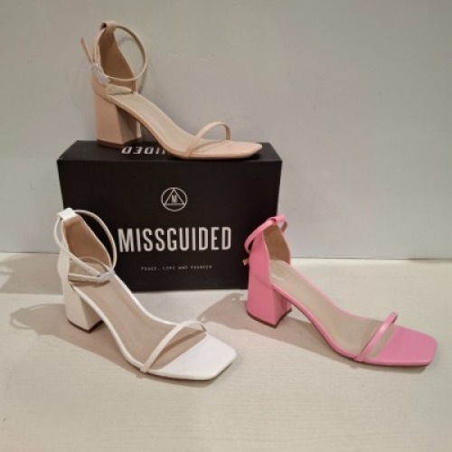 30 X BRAND NEW MIXED MISSGUIDED SHOES CONTAINING MID HEEL BLOCK BARELY THERE IN WHITE , BASIC BARELY THERE IN BLACK MID HEEL BLOCK BARELY THERE IN PINK ETC ALL IN SIZE 5