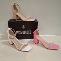 30 X BRAND NEW MIXED MISSGUIDED SHOES CONTAINING MID HEEL BLOCK BARELY THERE IN WHITE , BASIC BARELY THERE IN BLACK MID HEEL BLOCK BARELY THERE IN PINK ETC ALL IN SIZE 5