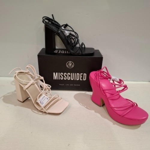 30 X BRAND NEW MIXED MISSGUIDED SHOES CONTAINING BLOCK HEEL TIE UP HEELED SANDALS IN BLACK , BLOCK HEEL TIE UP HEELED SANDALS IN CREAM , FAUX LEATHER PLATFORM STRAPPY SANDAL IN PINK ETC ALL IN SIZE 5