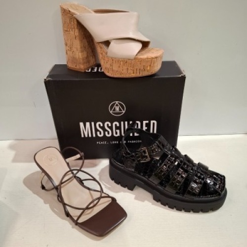 30 X BRAND NEW MIXED MISSGUIDED SHOES CONTAINING SQUARE TOE STRAPPY TIE UP MID HEELS IN CHOCOLATE , EXTREME PLATFORM CORK HEELED MULES IN CREAM , CROCHET TIE UP HEELED SANDALS IN GREEN ETC ALL IN SIZE 5