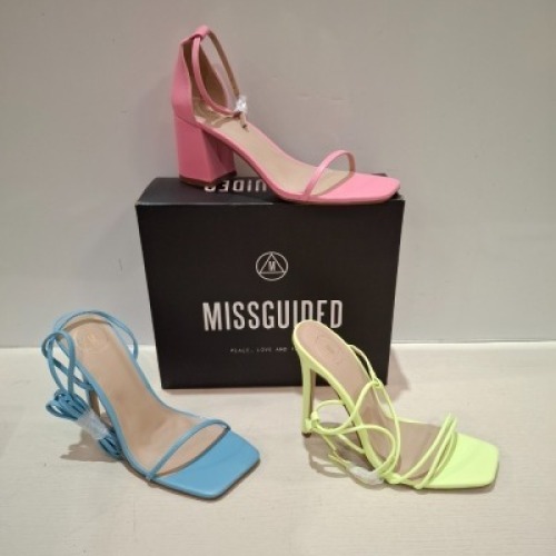 30 X BRAND NEW MIXED MISSGUIDED SHOES CONTAINING SQUARE TOE TIE UP HEELED SANDALS IN BLUE , MID BLOCKM HEEL BARELY THERE IN PINK , ASSYM STRAPPY HEELED SANDALS IN LIME ETC ALL IN SIZE 5
