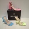 30 X BRAND NEW MIXED MISSGUIDED SHOES CONTAINING SQUARE TOE TIE UP HEELED SANDALS IN BLUE , MID BLOCKM HEEL BARELY THERE IN PINK , ASSYM STRAPPY HEELED SANDALS IN LIME ETC ALL IN SIZE 5