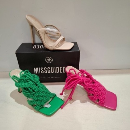 30 X BRAND NEW MIXED MISSGUIDED SHOES CONTAINING CROCHET TIE UP HEELED SANDALS IN GREEN , WF BARELY THERE SQUARE TOE HIGH HEELS IN NUDE , SQUARE TOE STRAPPY TIE UP MID HEELS IN CHOCOLATE ETC ALL N SIZE 5