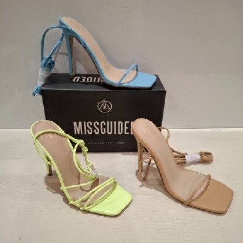 30 X BRAND NEW MIXED MISSGUIDED SHOES CONTAINING SQUARE TOE HIGH HEEL TIE UP SANDALS IN SAND , ASSYM STRAPPY HEELED SANDAL IN LIME , SQUARE TOE TIE UP HEELED SANDALS IN BLUE ETC ALL IN SIZE 5