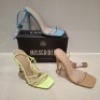 30 X BRAND NEW MIXED MISSGUIDED SHOES CONTAINING SQUARE TOE HIGH HEEL TIE UP SANDALS IN SAND , ASSYM STRAPPY HEELED SANDAL IN LIME , SQUARE TOE TIE UP HEELED SANDALS IN BLUE ETC ALL IN SIZE 5