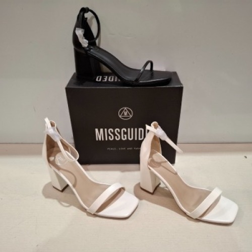 30 X BRAND NEW MIXED MISSGUIDED SHOES CONTAINING HIGH HEEL BLOCK BARELY THERE SANDALS IN WHITE , MID HEEL BLOCK BARELY THERE FAUX LEATHER IN BLACK ALL IN SIZE 4