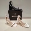30 X BRAND NEW MIXED MISSGUIDED SHOES CONTAINING HIGH HEEL BLOCK BARELY THERE SANDALS IN WHITE , MID HEEL BLOCK BARELY THERE FAUX LEATHER IN BLACK ALL IN SIZE 4