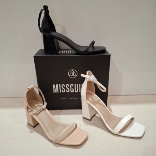 30 X BRAND NEW MIXED MISSGUIDED SHOES CONTAINING MID HEEL BLOCK BARELY THERE FAUX LEATHER IN BLACK , HIGH HEEL BLOCK BARELY THERE SANDALS IN WHITE , MID HEEL BLOCK BARELY THERE IN SAND ETC ALL IN SIZE 4