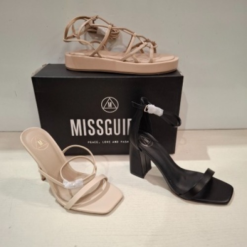 30 X BRAND NEW MIXED MISSGUIDED SHOES CONTAINING ENTRY BLOCK HEELED SANDAL IN BLACK , CHUNKY FLATFORM GLADIATOR SANDAL IN SAND , SQUARE TOE STRAPPY TIE UP MID HEELS IN WHITE ETC ALL IN SIZE 4