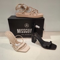 30 X BRAND NEW MIXED MISSGUIDED SHOES CONTAINING ENTRY BLOCK HEELED SANDAL IN BLACK , CHUNKY FLATFORM GLADIATOR SANDAL IN SAND , SQUARE TOE STRAPPY TIE UP MID HEELS IN WHITE ETC ALL IN SIZE 4