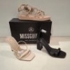 30 X BRAND NEW MIXED MISSGUIDED SHOES CONTAINING ENTRY BLOCK HEELED SANDAL IN BLACK , CHUNKY FLATFORM GLADIATOR SANDAL IN SAND , SQUARE TOE STRAPPY TIE UP MID HEELS IN WHITE ETC ALL IN SIZE 4
