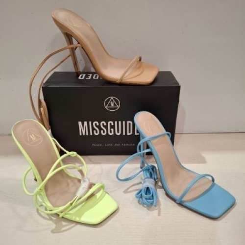 30 X BRAND NEW MIXED MISSGUIDED SHOES CONTAINING SQUARE TOE HIGH HEEL TIE UP SANDALS IN SAND , SQUARE TOE TIE UP HEELED SANDALS IN BLUE ALL IN SIZE 3