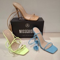 30 X BRAND NEW MIXED MISSGUIDED SHOES CONTAINING SQUARE TOE HIGH HEEL TIE UP SANDALS IN SAND , SQUARE TOE TIE UP HEELED SANDALS IN BLUE ALL IN SIZE 3