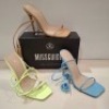 30 X BRAND NEW MIXED MISSGUIDED SHOES CONTAINING SQUARE TOE HIGH HEEL TIE UP SANDALS IN SAND , SQUARE TOE TIE UP HEELED SANDALS IN BLUE ALL IN SIZE 3