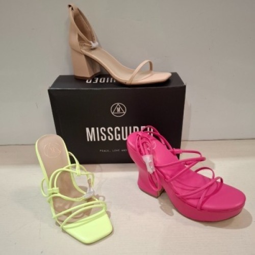 30 X BRAND NEW MIXED MISSGUIDED SHOES CONTAINING MID HEEL BLOCK BARELY THERE IN SAND , ASSYM STRAPPY HEELED SANDAL IN LIME , FAUX LEATHER PLATFORM STRAPPY SANDAL IN PINK ETC ALL IN SIZE 3