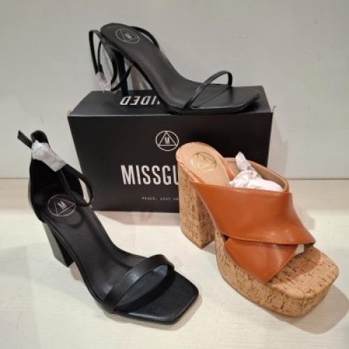 30 X BRAND NEW MIXED MISSGUIDED SHOES CONTAINING EXTREME PLATFORM CORK HEELED MULES IN TAN , VELCRO STRAP GRANDAD SANDAL IN SAND , ENTRY BLOCK HEELED SANDAL IN BLACK ETC ALL IN SIZE 3