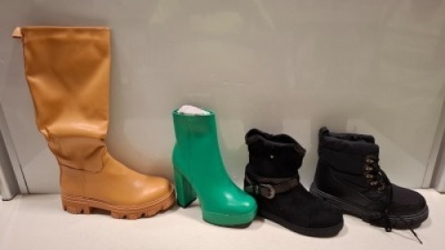 29 X BRAND NEW MIXED WOMENS SHOES LOT CONTAINING JOALICE PARIS HEELED BOOTS IN GREEN IN SIZE 37 , WOMENS BOOTS WITH A STRAP IN BLACK IN SIZE 36 , MARQUIIZ HIGH BOOTS IN CAMEL IN SIZE 41 ETC ON A SHELF