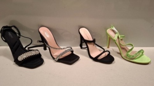 36 X BRAND NEW MIXED WOMENS SHOES CONTAINING CINK ME HIGH HEELS IN BLACK IN SIZE 38 , JOJA HIGH HEELS IN GREEN IN SIZE 38 , JOALICE HIGH HEELS IN BLACK IN SIZE 38 ETC ON A SHELF