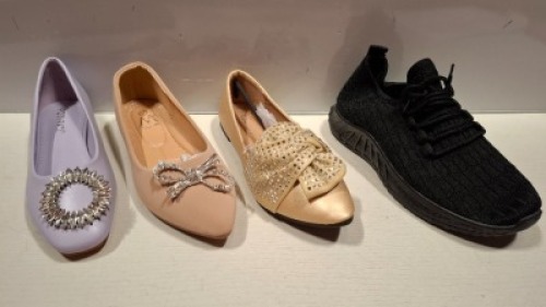 28 X BRAND NEW MIXED WOMENS SHOES LOT CONTAINING SERGIO TODZI POINTED SHOES IN GOLD IN SIZE 36 , POTI PATI POINTED SHOES IN LILAC IN SIZE 36 , ERYNN SANDALS IN BLACK/TIGER IN SIZE UK 3 ETC ON HALF A SHELF