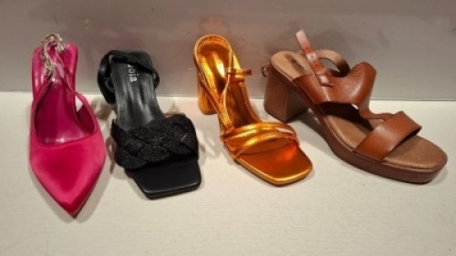 20 X BRAND NEW MIXED WOMENS SHOES LOT CONTAINING IDEAL LOW BLOCK HEELS IN BLACK IN SIZE 36 , IDEAL MID BLOCK HEEL SHOES IN ORANGE IN SIZE 36 , LADY GLORY MID BLOCK HEELS IN CAMEL IN SIZE 38 ETC ON HALF A SHELF