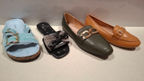 26 X BRAND NEW MIXED WOMENS SHOES LOT CONTAINING LA BOTTINE SOURIANTE POINTED TOE SHOES IN OLIVE IN SIZE 41 , MARQUIIZ SANDALS IN BLUE IN SIZE 40 , LUV IT POINTED TOE SHOES IN CAMEL IN SIZE 36 ETC ON HALF A SHELF