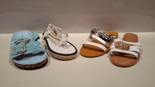 30 X BRAND NEW MIXED WOMENS SHOES LOT CONTAINING MARQUIIZ SANDALS IN BLUE IN SIZE 41 , GIVANA SANDALS IN BEIGE IN SIZE 39 , ERYNN SANDALS IN WHITE/ZEBRA IN SIZE UK 5 ETC ON HALF A SHELF