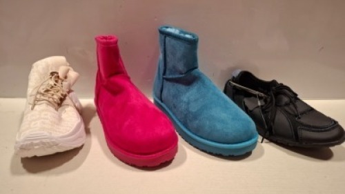 20 X BRAND NEW MIXED WOMENS SHOES LOT CONTAINING SUREDELLEN TRAINERS IN BLACK IN SIZE 38 , CINK ME TRAINERS IN BLACK IN SIZE 36 , BOOTS IN TEAL IN SIZE 39 ETC ON HALF A SHELF